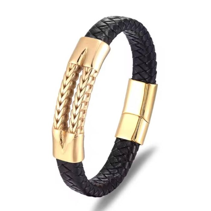 Men's Leather Bracelets- Black with Gold chain
