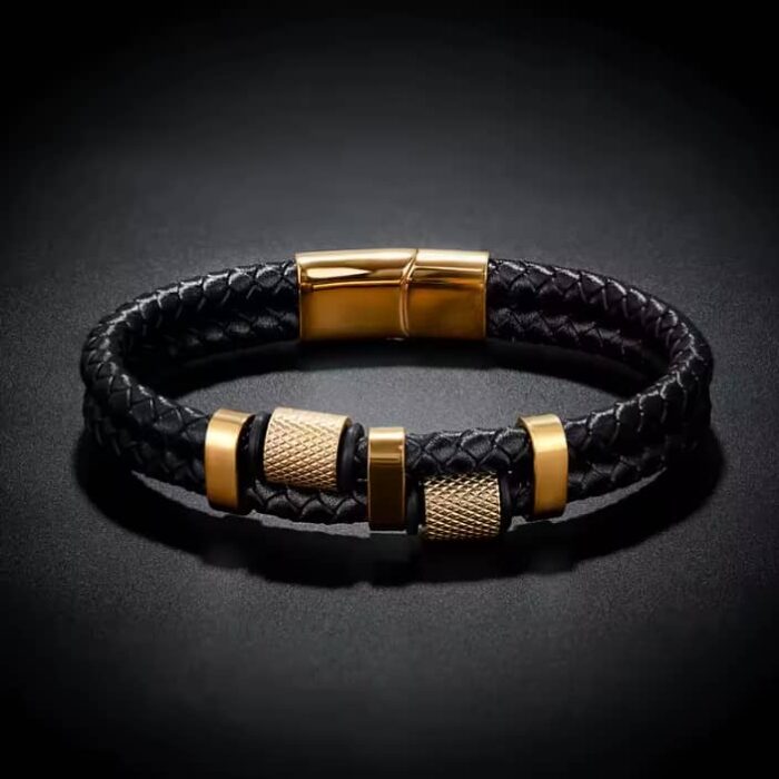 Men's Leather Bracelets- Black and Gold rings