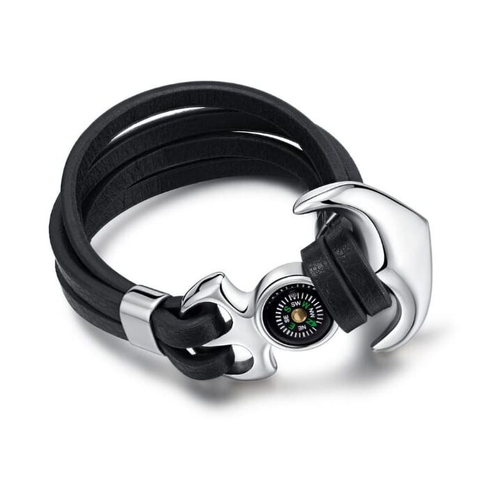 Men's Leather Bracelet- black and silver