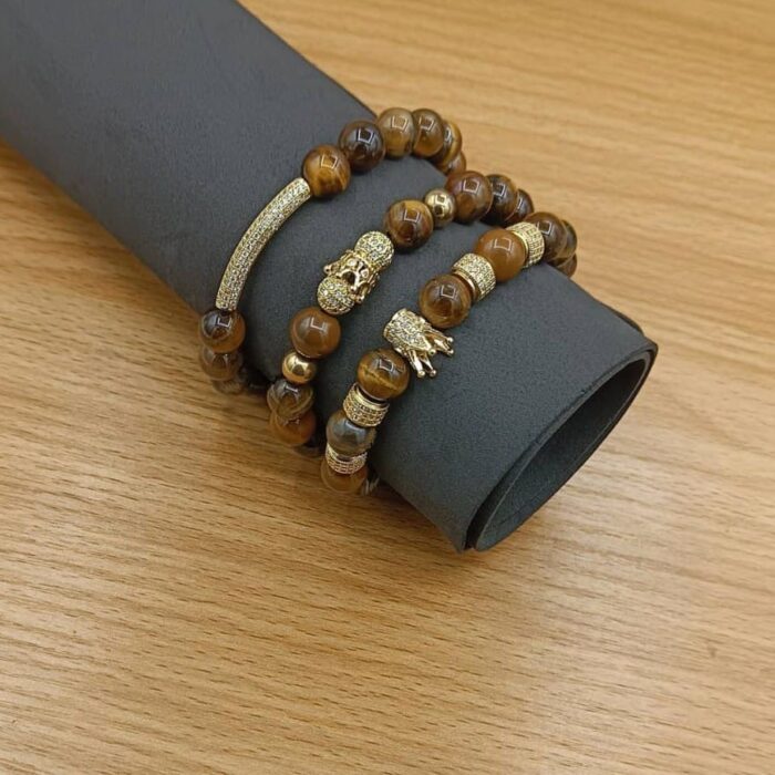 Men's Brown and Gold Beaded Bracelet Set- Dual Crowns Accent