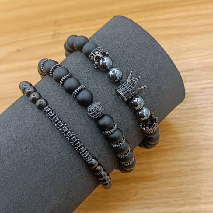 Men's Brown and Gold Beaded Bracelet Set- Triple Crowns Accent