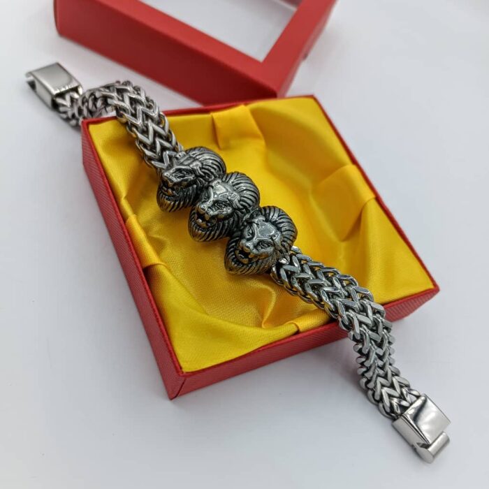 Men's Silver Chain Bracelet- Lion Head Accent