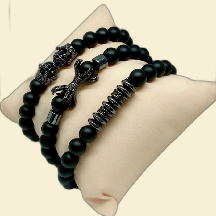 Men's Black Beaded Bracelet Set- Metal Disc Accent