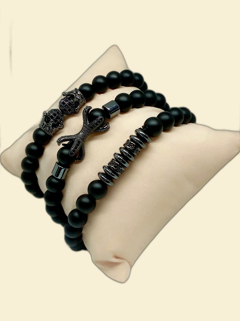 Men's Black Beaded Bracelet Set- Metal Disc Accent