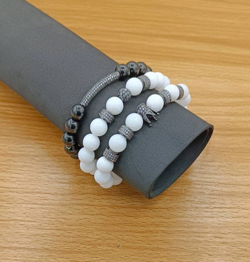 Men's Beaded Bracelet- White & Black with crown accents