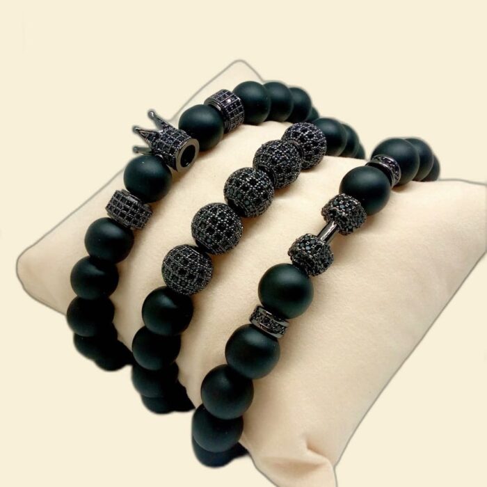 Men's Black Beaded Bracelet- Crown Accent