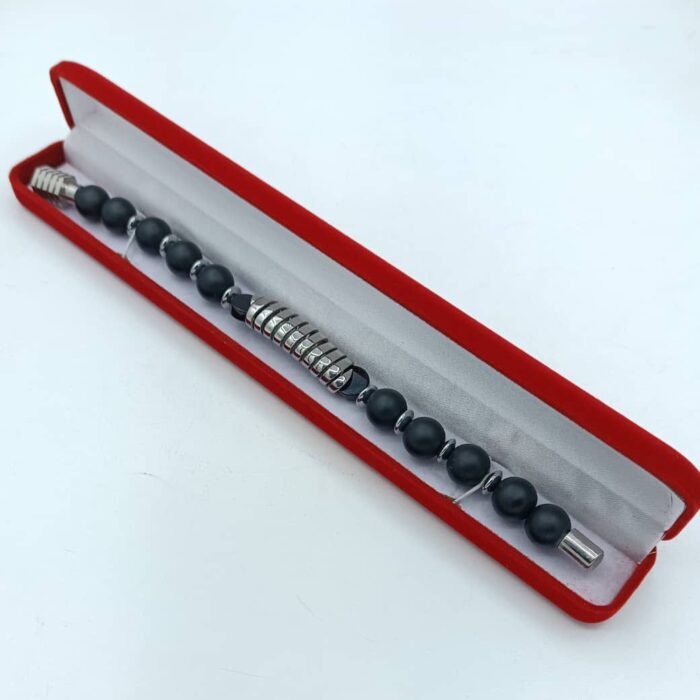 Men's Black Beaded Bracelet-Ribbed Metal Bar