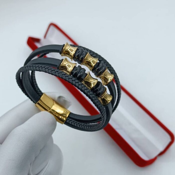 Men's Leather Bracelet- Black and gold