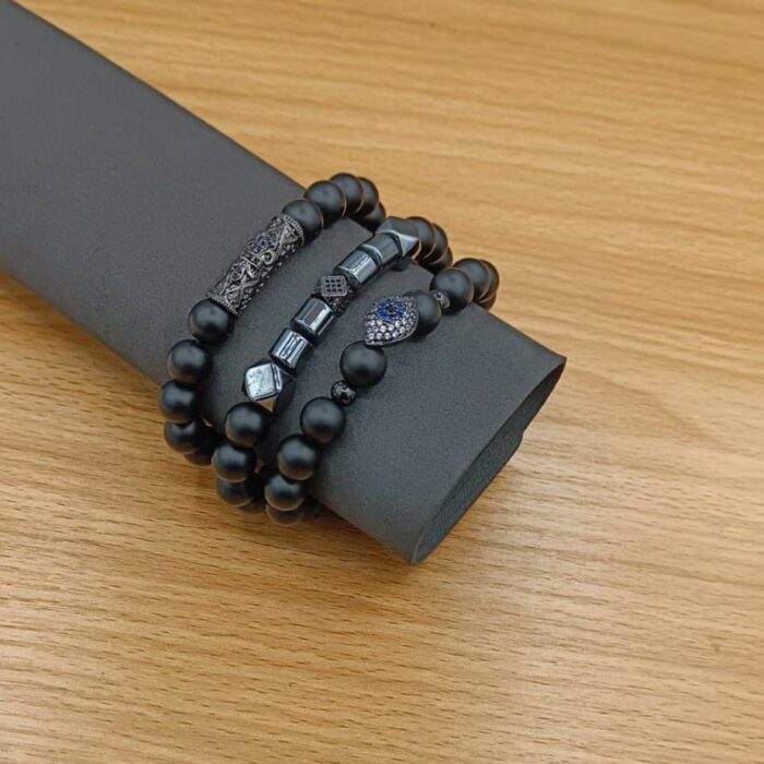 Men's Black Beaded Bracelet Set- Mixed Cube Accent