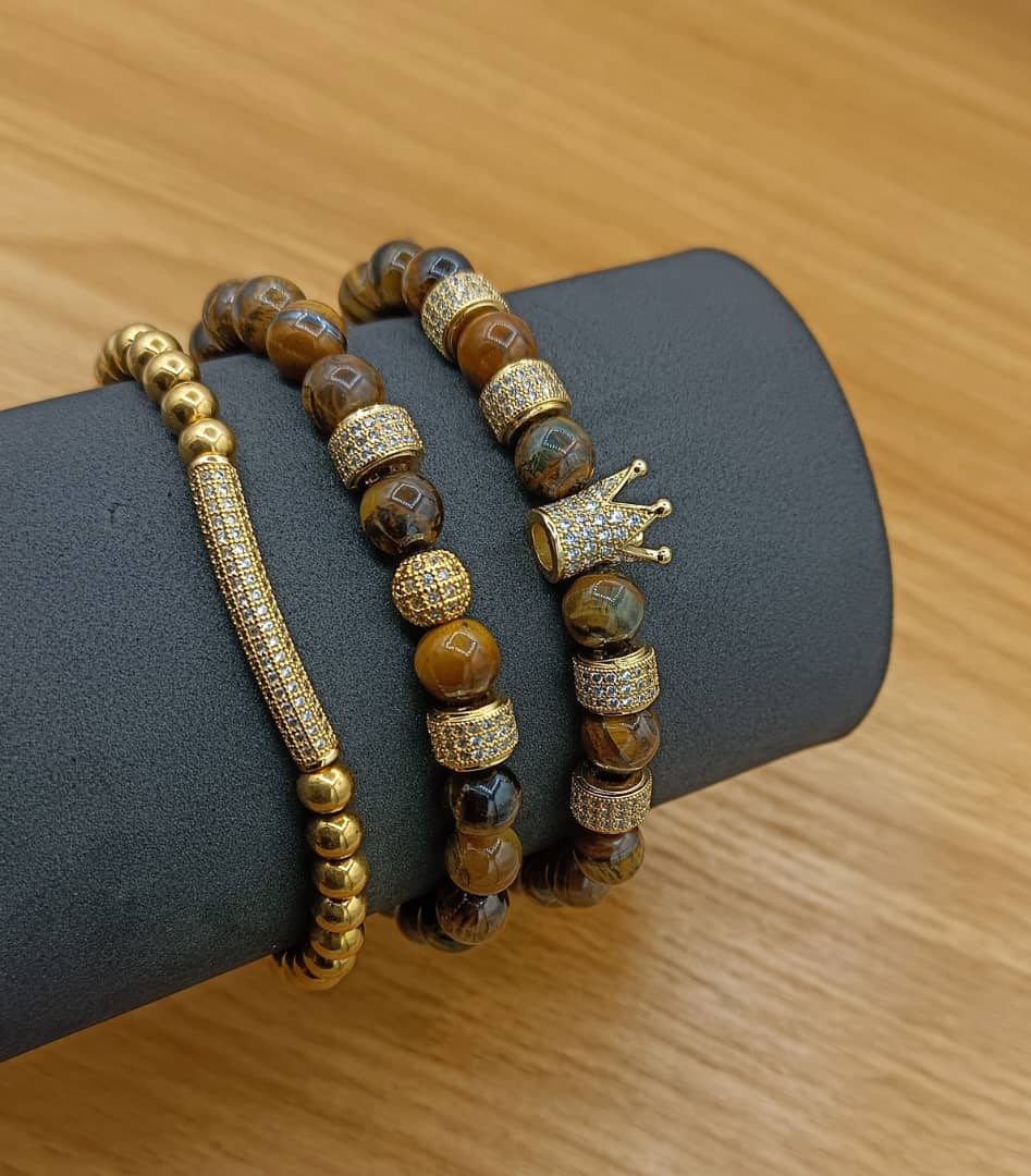 Men's Black and Gold Beaded Bracelet Set- Crown Accent